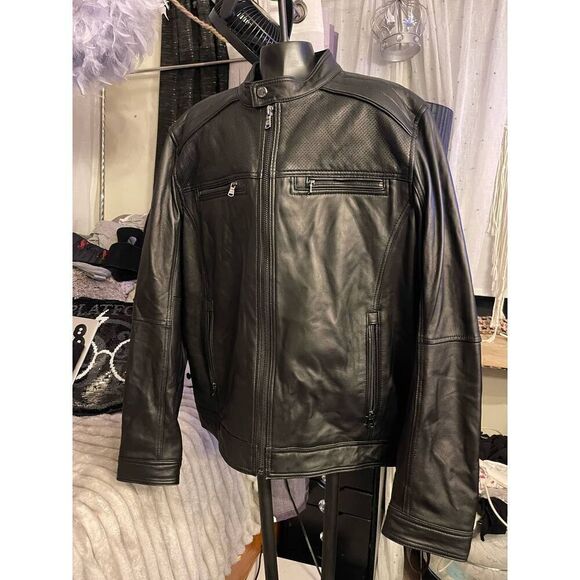 MK michael kors james dean black leather moto jacket xl mens - Picture 8 of 12